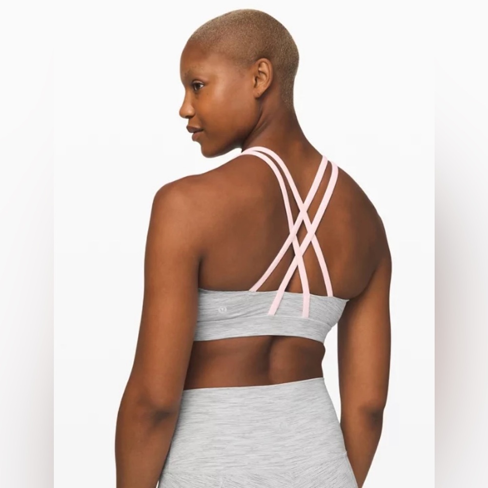 Lululemon Gray and Pink Heathered Energy Longline Criss Cross Sportsbra